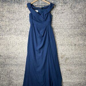 After Six Blue Evening Gown High Slit Crepe Off Shoulder Crossover V-Neck Sz 2 R